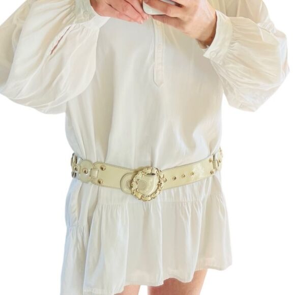 Kathy Van Zealand Belt Ivory Patent Leather Silver O Ring Wide Statement Belt L - Picture 1 of 16